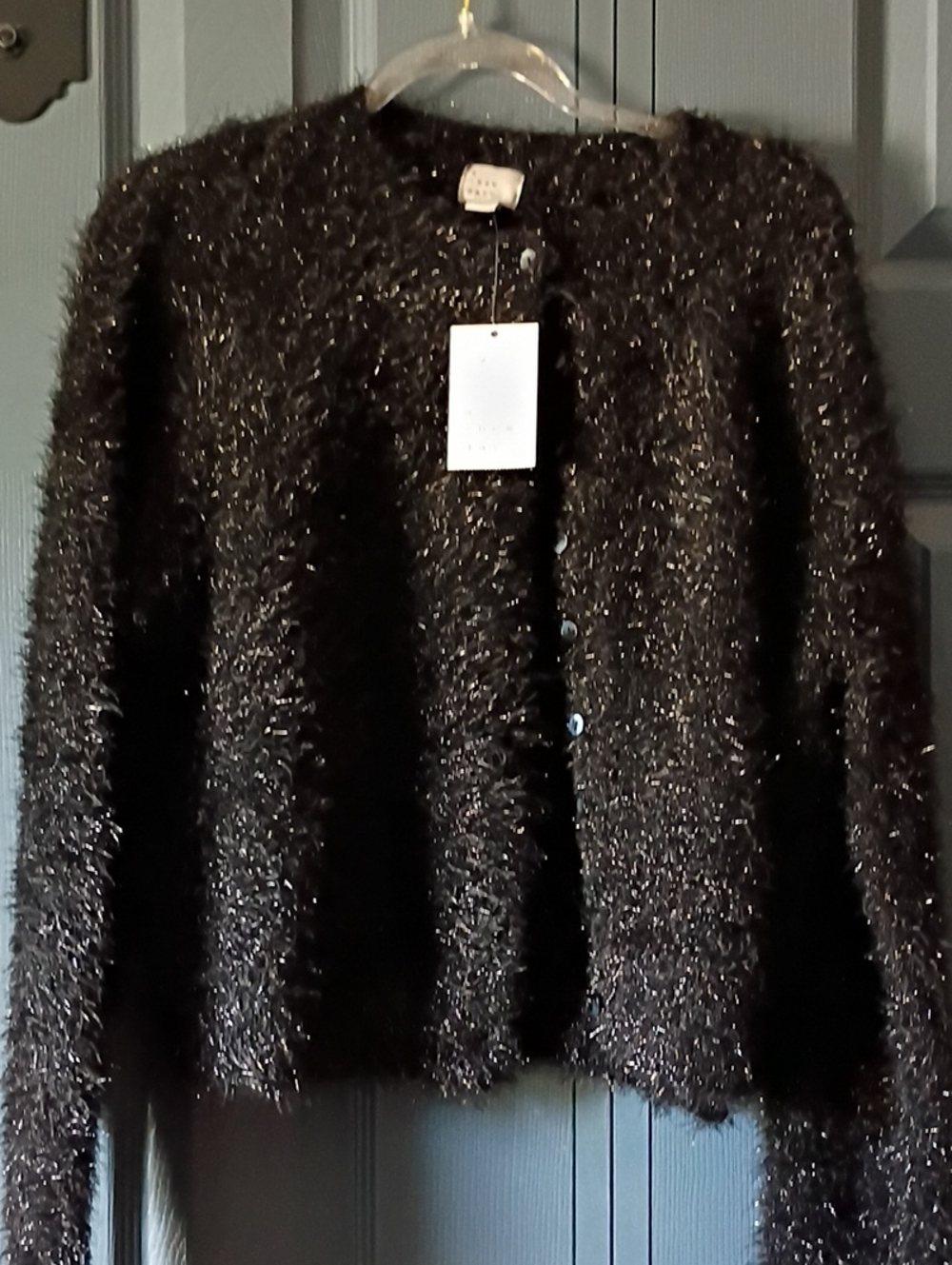 a new day Black Fuzzy Metallic-Thread Cardigan